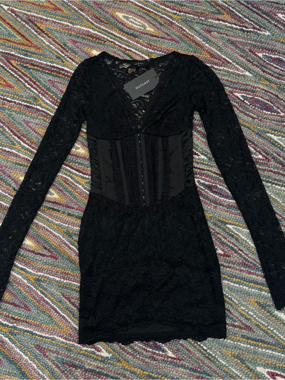 ▪️♟️Outcast Anita Mini Dress Corset Black Lace Long Sleeve Bodycon ♟️▪️ - Picture 2 of 15